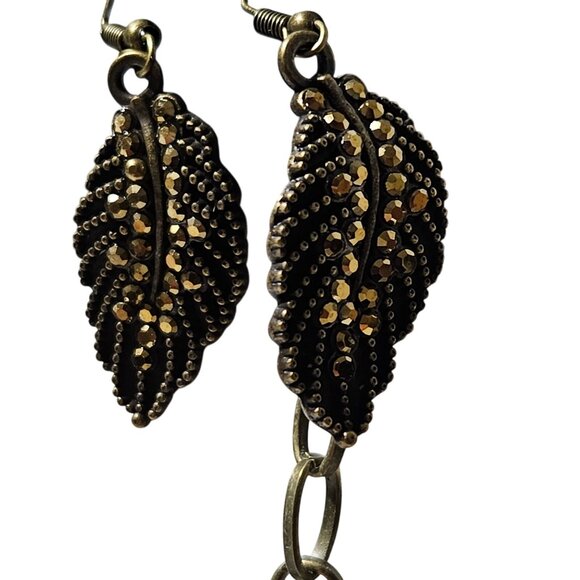 Paparazzi Leaf Necklace and Earrings Set Gold Tone Chain Rhinestones Jewelry - Picture 2 of 7